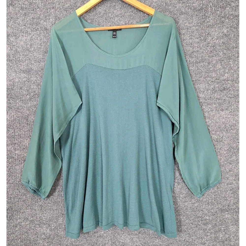 Eileen Fisher XL Green Silk Blend Tunic Sweater Quiet Luxury Designer Top Luxe